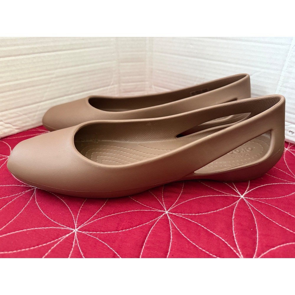 Crocs Sienna Flat Womens 11 Tan Nude Square Toe Cutout Slip On Comfort Shoes